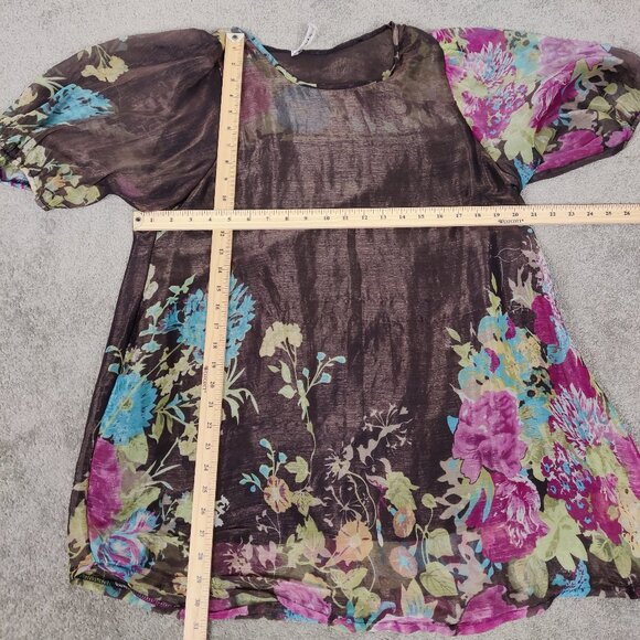 HuaSiJie Women's Blouse Sz L Brown Floral Sheer Lined Cotton Blend Spring Summer - Picture 7 of 9